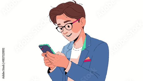 Young man with glasses using smartphone, smiling, modern illustration.