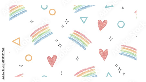 Rainbow Hearts & Shapes Pattern: A playful pattern of vibrant rainbow arcs, sweet hearts, geometric shapes, and twinkling stars on a minimalist backdrop. The image is fun and colorful.