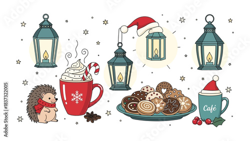 Festive Christmas Collection: A charming illustration capturing the holiday spirit with lanterns, warm beverages, cookies, and a cozy hedgehog. Perfect for evoking feelings of warmth and joy.