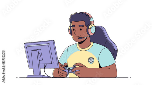 Young man with headphones playing video games on computer.