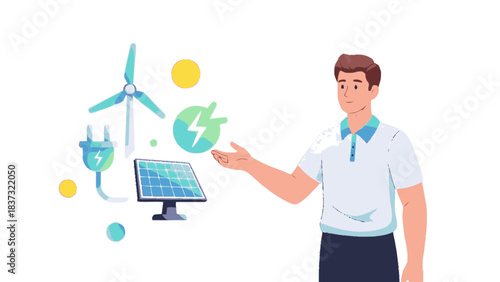 Man presenting renewable energy sources and sustainable technology solutions.