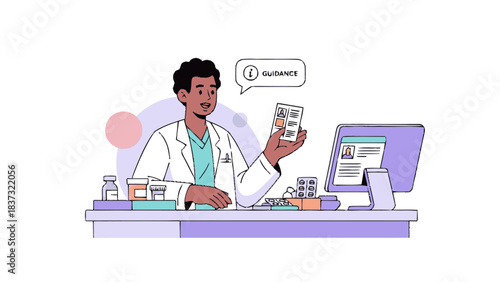 Pharmacist checking prescription medication at a pharmacy counter.