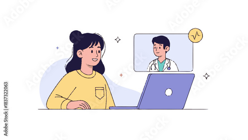 Woman consulting doctor online via laptop for telemedicine.