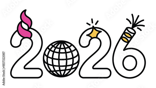 2026 Celebration Concept: A vibrant graphic design that playfully integrates elements such as a globe, a firework, a flame into the numbers representing the year.