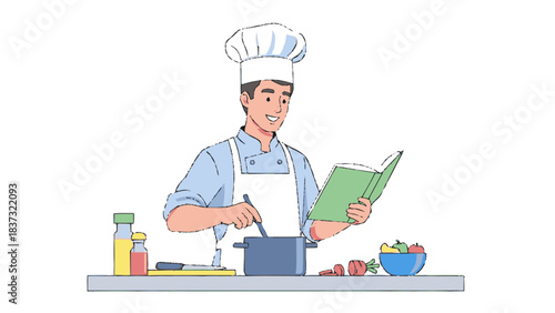 Male chef in uniform cooking with a recipe book.