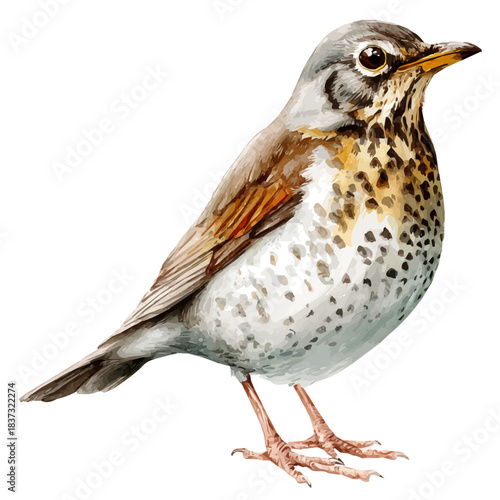 Thrush in watercolor painting style, vector illustration on white background.