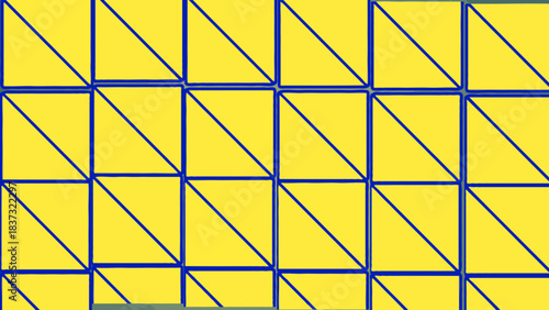 Abstract geometric pattern of yellow squares divided into two triangles by a blue diagonal line