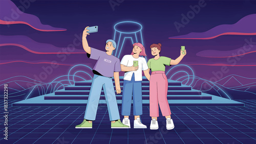 Three friends taking selfies in a neon grid landscape