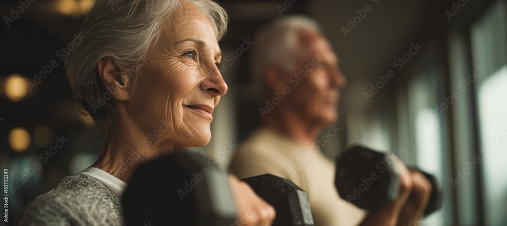 Fototapeta premium Active Seniors Lifting Dumbbells in Warm, Positive Setting