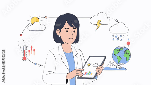 Female meteorologist analyzing weather data on a tablet.