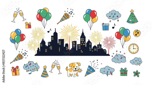 New Year's City Celebration: A vibrant illustration depicts a cityscape silhouetted against a festive backdrop, with balloons, fireworks, and celebratory items creating a joyful atmosphere.