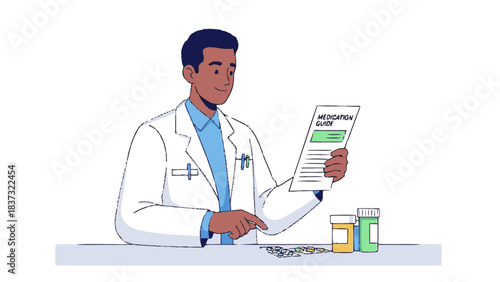 Pharmacist reviewing prescription details with medication bottles.