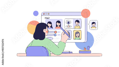 Woman creating avatars on a computer, illustrating digital design and customization.