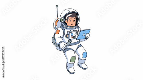 Astronaut in space suit using a tablet device.