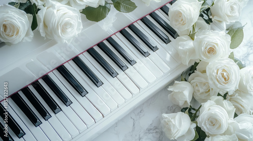 Elegant White Roses Resting Gracefully on a Piano Keyboard