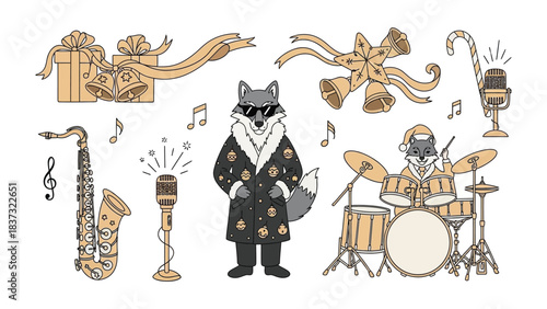 Festive Furry Band: A whimsical illustration showcases a stylish fox with a festive theme playing instruments, exuding a touch of joy and creativity, ready for musical celebration.