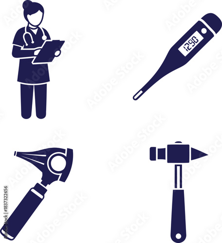 Patient Diagnosis Icons Doctor with Chart, Thermometer, Otoscope, Reflex Hammer