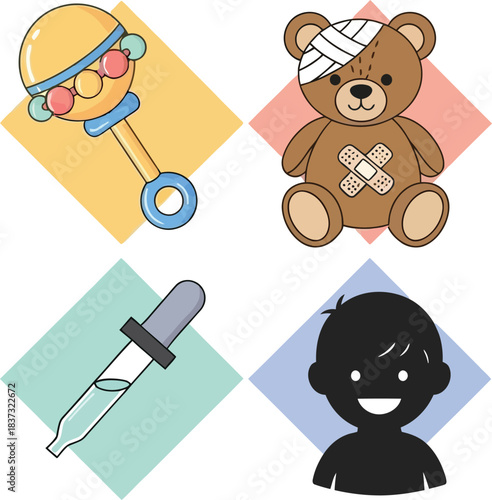 Pediatrics Icons Baby Rattle, Teddy Bear with Bandage, Medicine Dropper, Child Silhouette