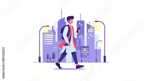 Young man walking with backpack and phone in an urban setting.