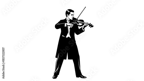 Elegant male violinist in formal tailcoat passionately performing classical music solo against bright background