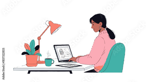Young woman working on laptop at desk with lamp and plant.