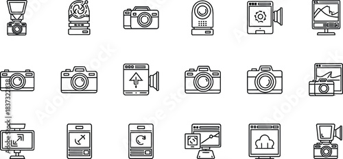 Photography editing and filters line icon set. Vector pictograms of saturation icon, crop tool, brightness slider, layer stack, gradient tool, thin linear illustration.