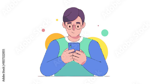 Young man with glasses using a smartphone, focused on mobile device.