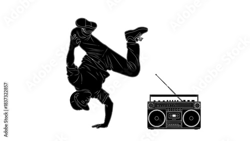 Dynamic silhouette of a breakdancer executing a handstand next to a vintage boombox ready for street performance