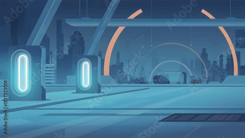 Futuristic city street with glowing pillars and vehicles
