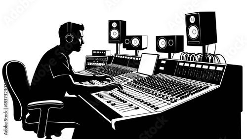 Focused audio engineer meticulously mixing sound on a massive professional console in a modern studio environment
