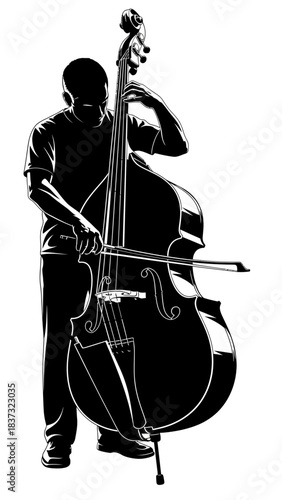 Intense black and white silhouette of a musician passionately playing the upright double bass with a bow