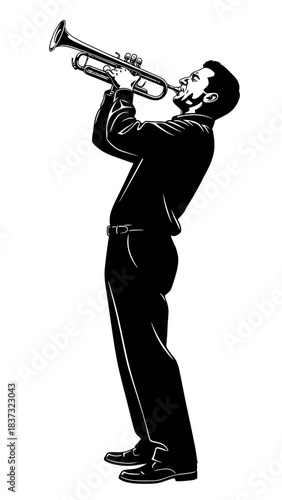 Stylish black and white graphic of male jazz musician playing trumpet, full body side view isolated on white background, celebrating music
