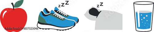 Preventive Care Icons Apple, Running Shoes, Sleeping Person, Water Glass