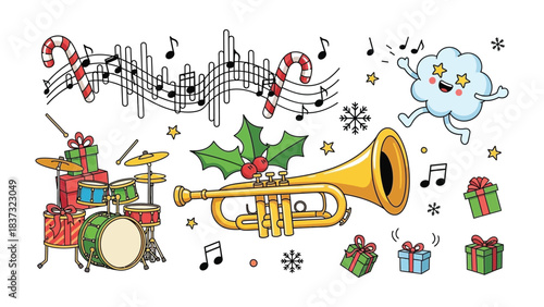 Festive Melodies: Illustration of holiday music notes, instruments and candy canes celebrating festive joy and holiday season. 