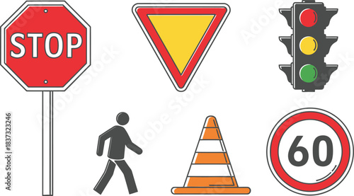 Road signs and traffic control line icon set