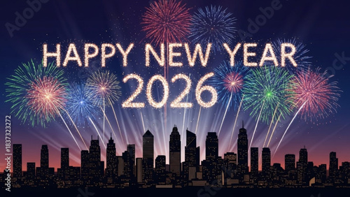 A Festive New Year in the City: A brilliant display of fireworks explodes above a city skyline, spelling out Happy New Year 2026, offering a sense of renewal and celebration. 