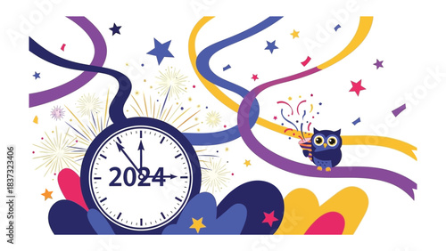 New Year Eve 2024: A delightful owl figure with streamers and fireworks amid festive decorations and a clock. The clock ticks to the year 2024, set against a celebration of excitement and joy.