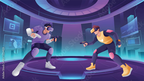 Two men playing virtual reality games in futuristic arena