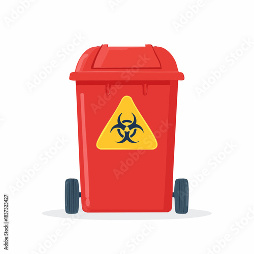 Flat vector illustration of red medical biohazard waste bin with symbol showing hospital safety and infectious waste management on white background