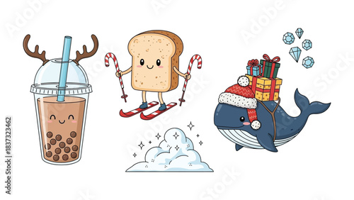 Festive Delights and Whimsical Scenes: A delightful collection of playful illustrations, featuring a reindeer-horned drink, a skiing slice of bread with candy canes, a cloud.