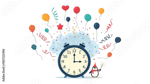 Time to Celebrate: A whimsical illustration captures the anticipation of a festive moment, with a classic alarm clock surrounded by colorful balloons, confetti, and a playful penguin.