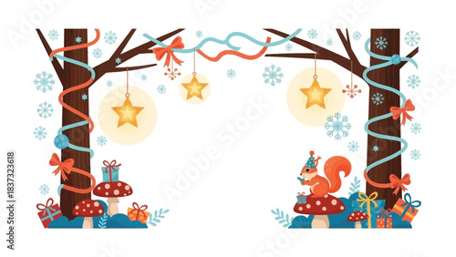 Whimsical Winter Wonderland Scene: A delightful festive illustration presents a charming winter woodland scene, brimming with holiday cheer, decorations, and a happy squirrel with a gift