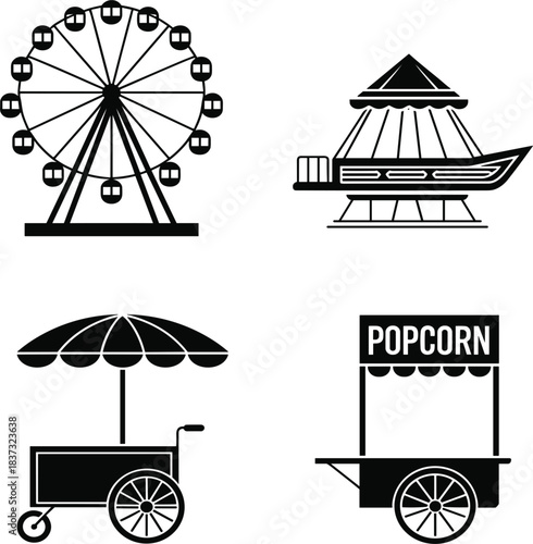 Amusement Park Ride Silhouettes Vector Set, Ferris Wheel, Carnival Booth, Popcorn Stand, and Fairground Attractions