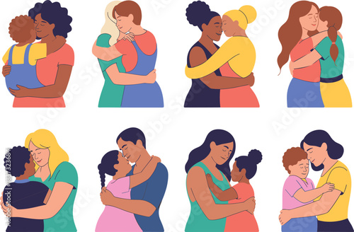 Hugging couple illustration set, emotional connection, diverse people, cartoon embrace, love and support, human interaction, comforting pose graphics