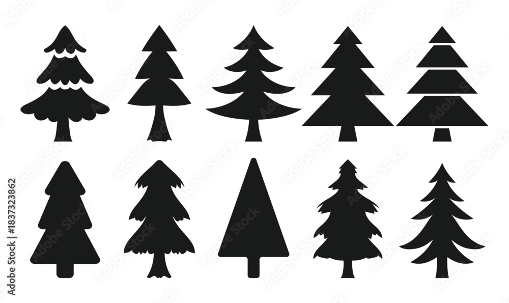Fototapeta premium Silhouette black christmas trees, Xmas symbol isolated from background