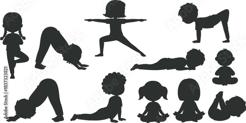 Children's diverse yoga poses illustration showcasing kids practicing mindfulness, balance, and flexibility for health and wellness.
