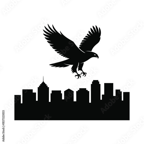 Eagle flying over city skyline silhouette