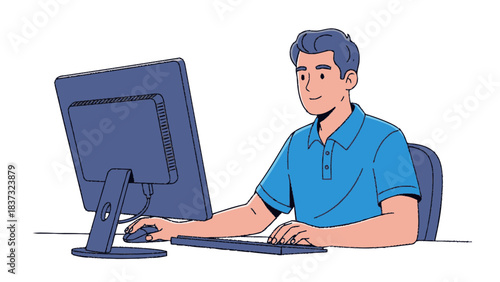 Young man working on computer at desk with focused expression.