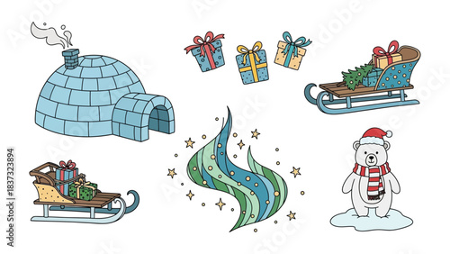 Winter Festive Collection: A charming compilation of winter elements, including an igloo, gifts, a sled, a polar bear and magical decorations, ready to infuse any project with holiday cheer.