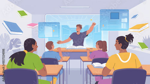 Teacher interacting with students in a modern classroom with floating screens